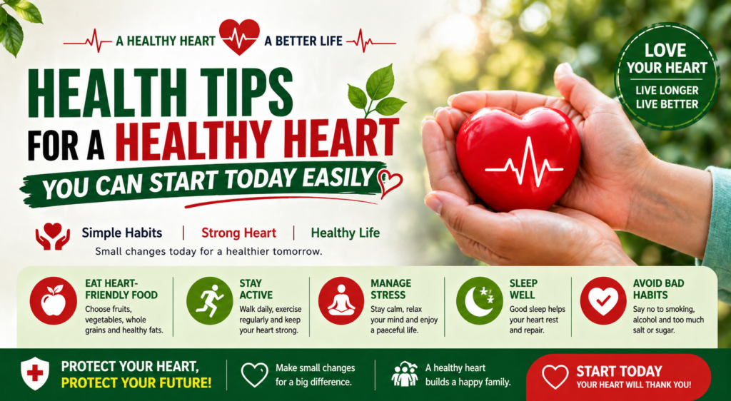 Health tips for a healthy heart you can start today easily. Learn simple diet, exercise, and lifestyle habits to improve heart health
